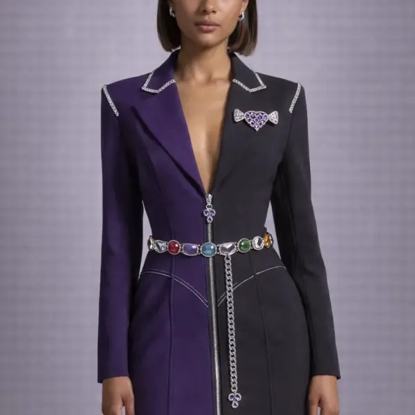 Two-Tone Blazer Dress with Candy Brooch + Gem Belt Chain (purple/black)