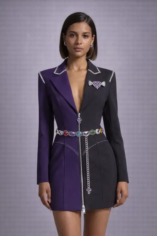 Two-Tone Blazer Dress with Candy Brooch + Gem Belt Chain (purple/black)
